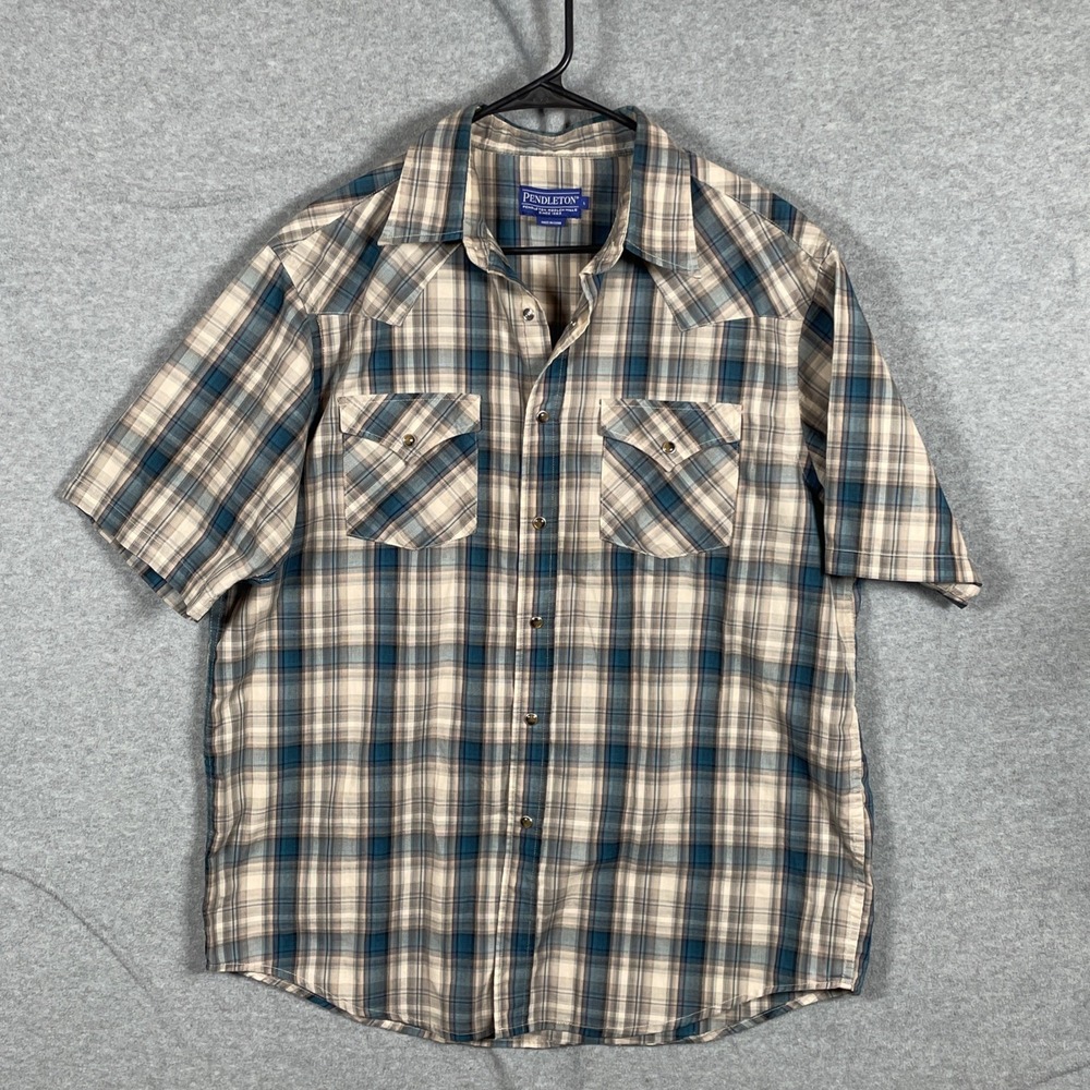 Pendleton Mens Large Western Shirt Short Sleeve Plaid Pearl Snap Teal Tan